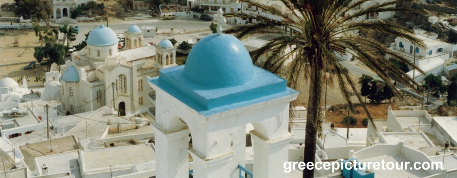 Greek Island of Ios - hilltop view of blue domed churches